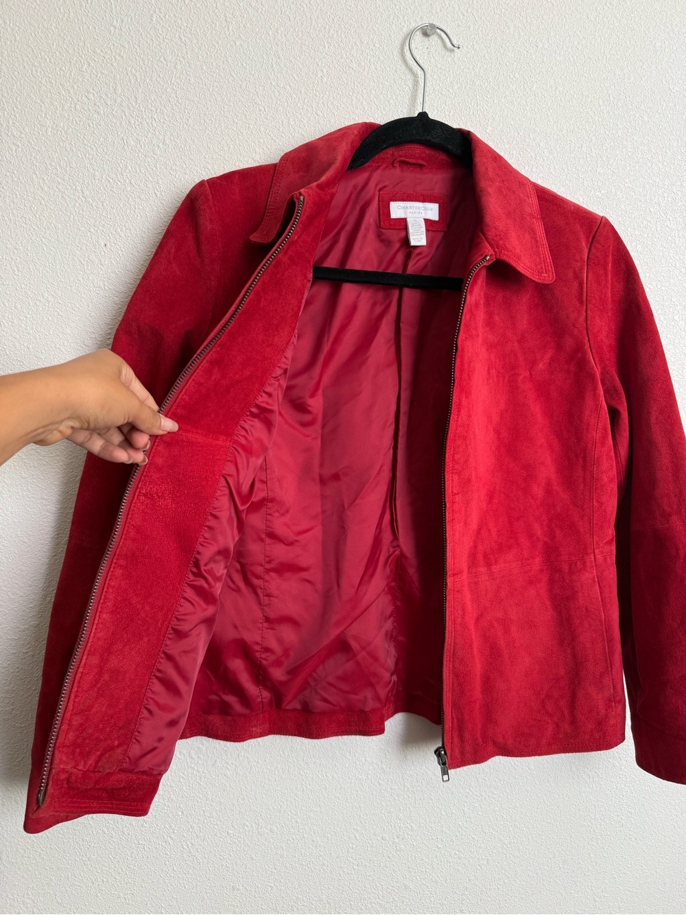 Charter Club Petite Red Suede Leather Jacket Y2K Moto Zip Front 90s Minimalist - Picture 7 of 13